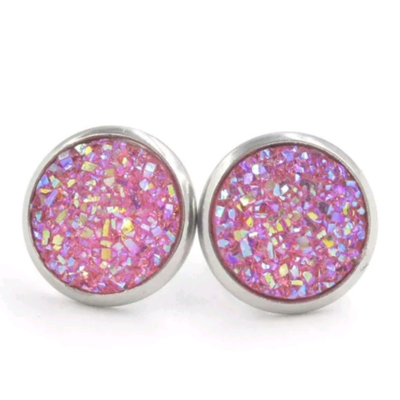Hot Pink Druzy Stud Earrings - Picture 2 of 5
